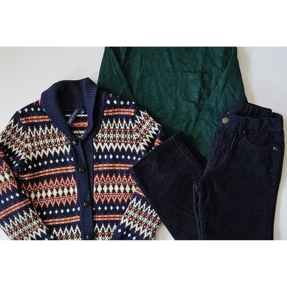 Janie and Jack 6-7 Stable to Street Fair Isle Cardigan Sweater Tee Pants - Picture 2 of 4